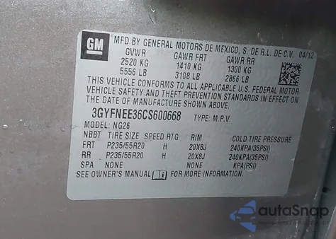 2012 Cadillac Srx Performance Collection from USA, damaged, VIN 3GYFNEE36CS600668